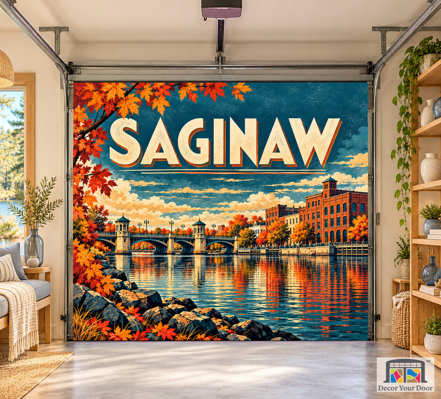 Saginaw River City Reflections interior garage door cover, one-car front house mockup