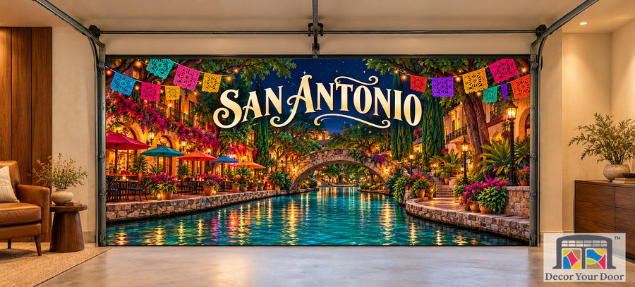 San Antonio River Walk Fiesta interior garage door cover, two-car front house mockup