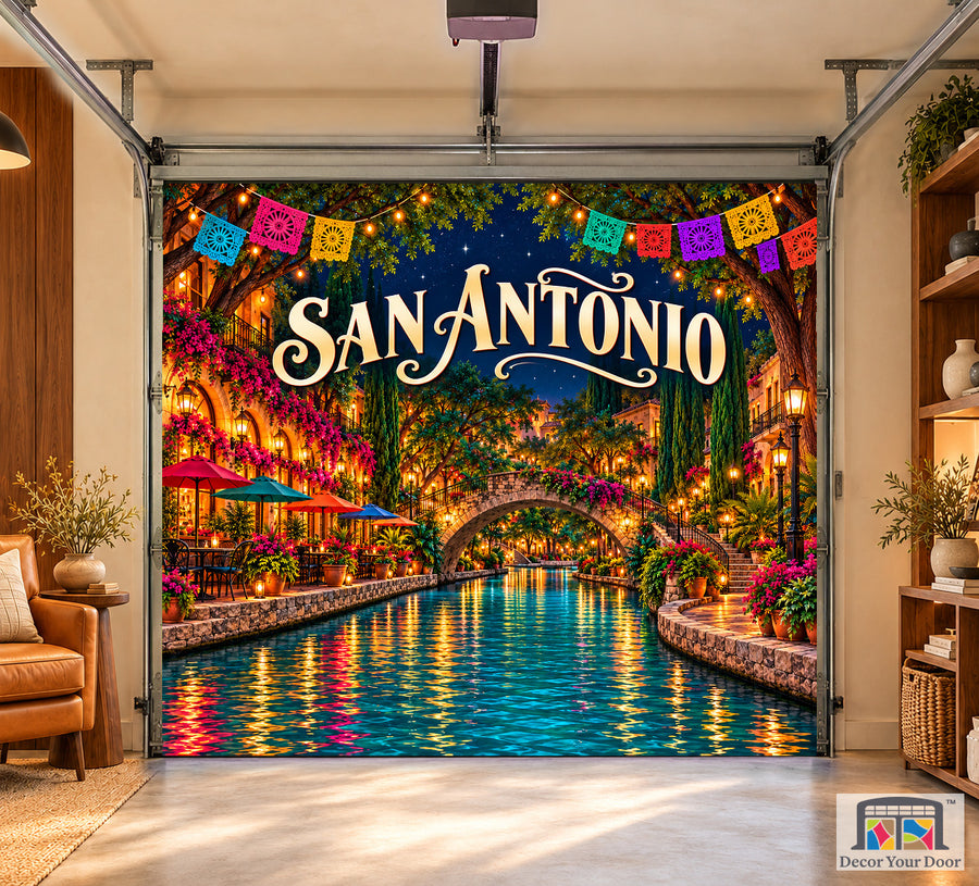 San Antonio River Walk Fiesta interior garage door cover, one-car front house mockup