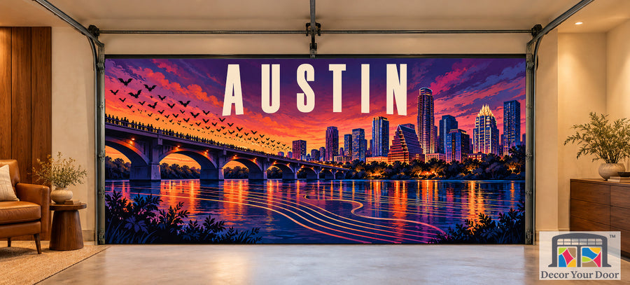 Austin Twilight Rhythm interior garage door cover, two-car front house mockup