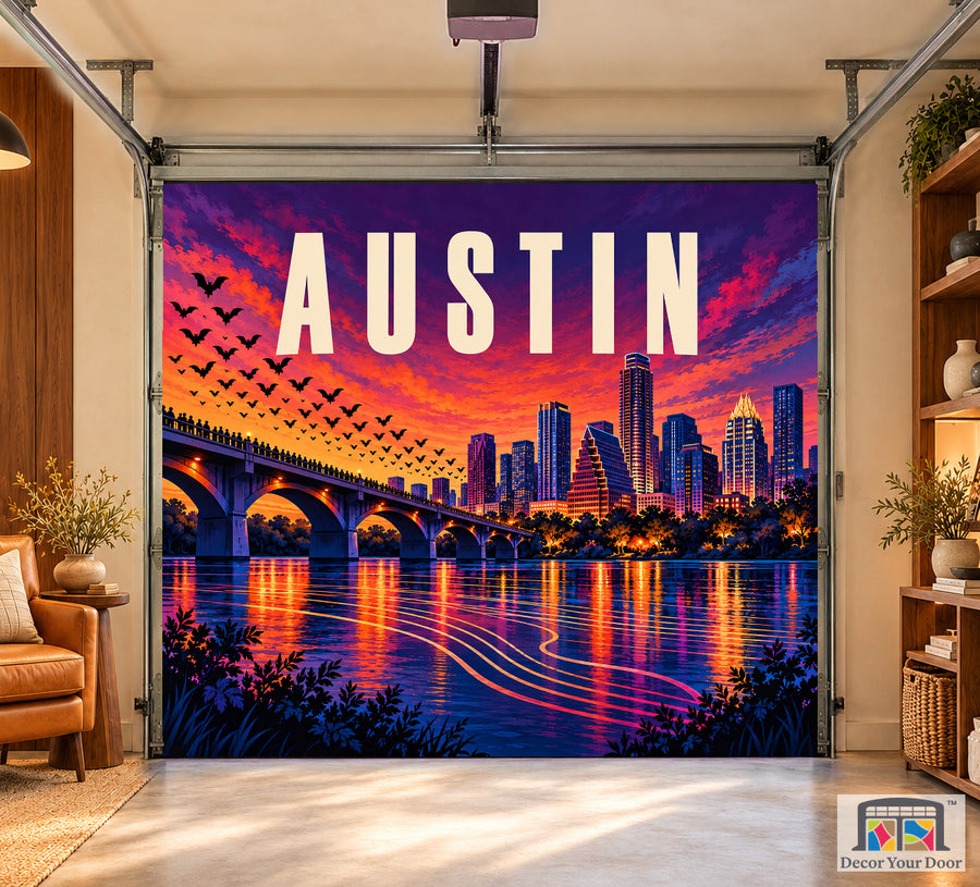 Austin Twilight Rhythm interior garage door cover, one-car front house mockup