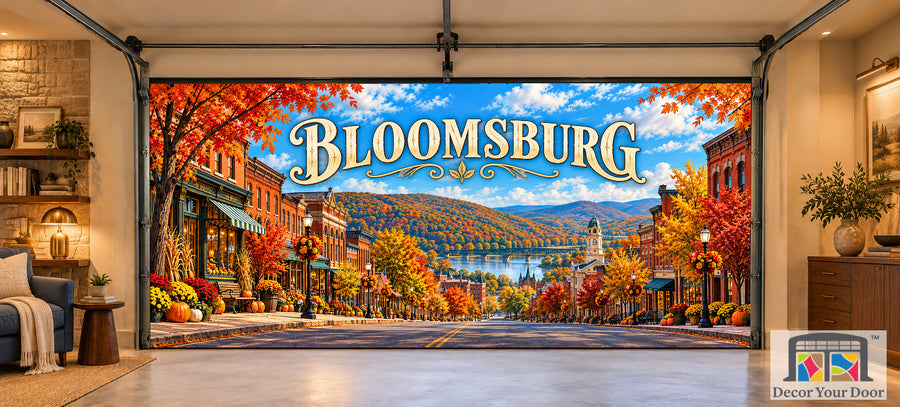Bloomsburg Main Street Harvest interior garage door cover, two-car front house mockup