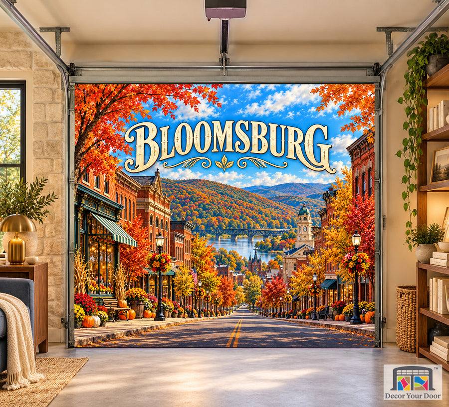 Bloomsburg Main Street Harvest interior garage door cover, one-car front house mockup