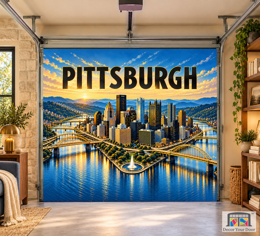 Pittsburgh Three Rivers Steel interior garage door cover, one-car front house mockup