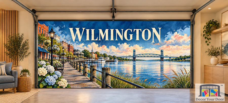 Wilmington Cape Fear Blue interior garage door cover, two-car front house mockup