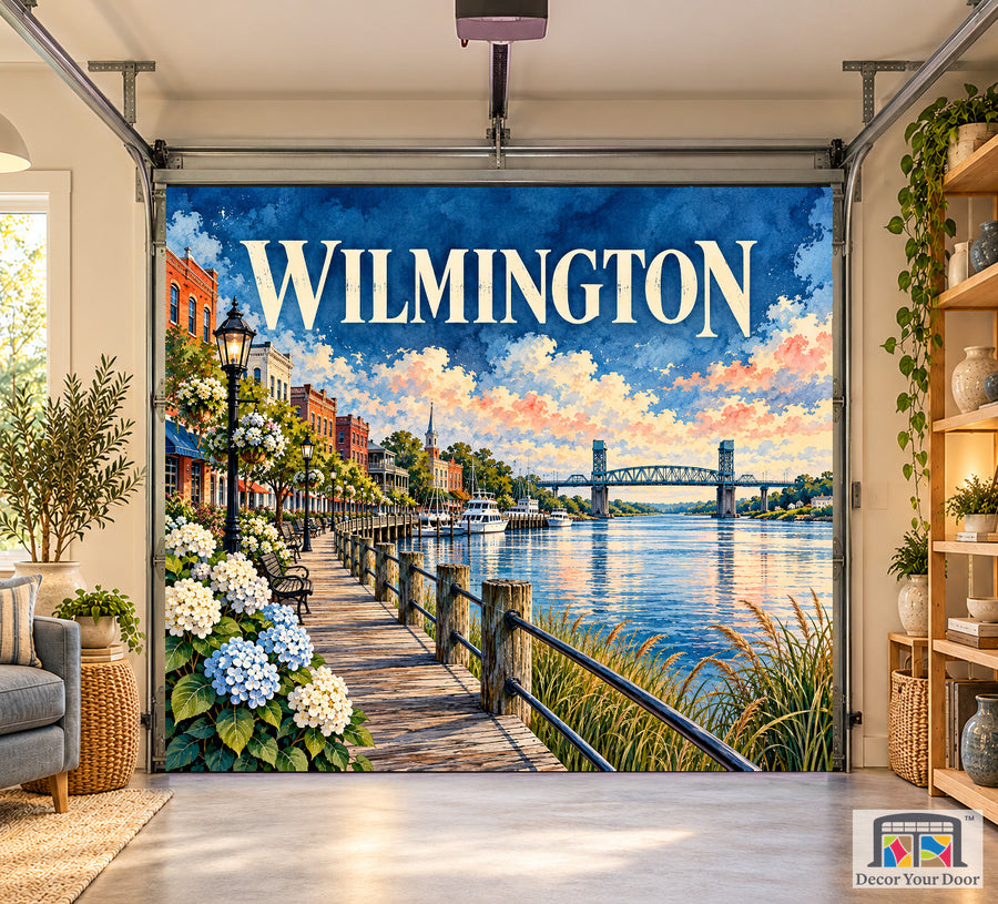 Wilmington Cape Fear Blue interior garage door cover, one-car front house mockup