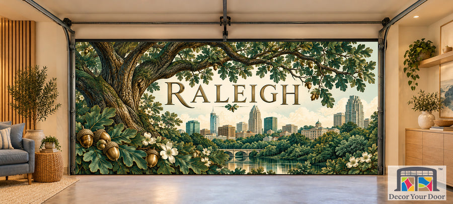 Raleigh Oak City Elegance interior garage door cover, two-car front house mockup