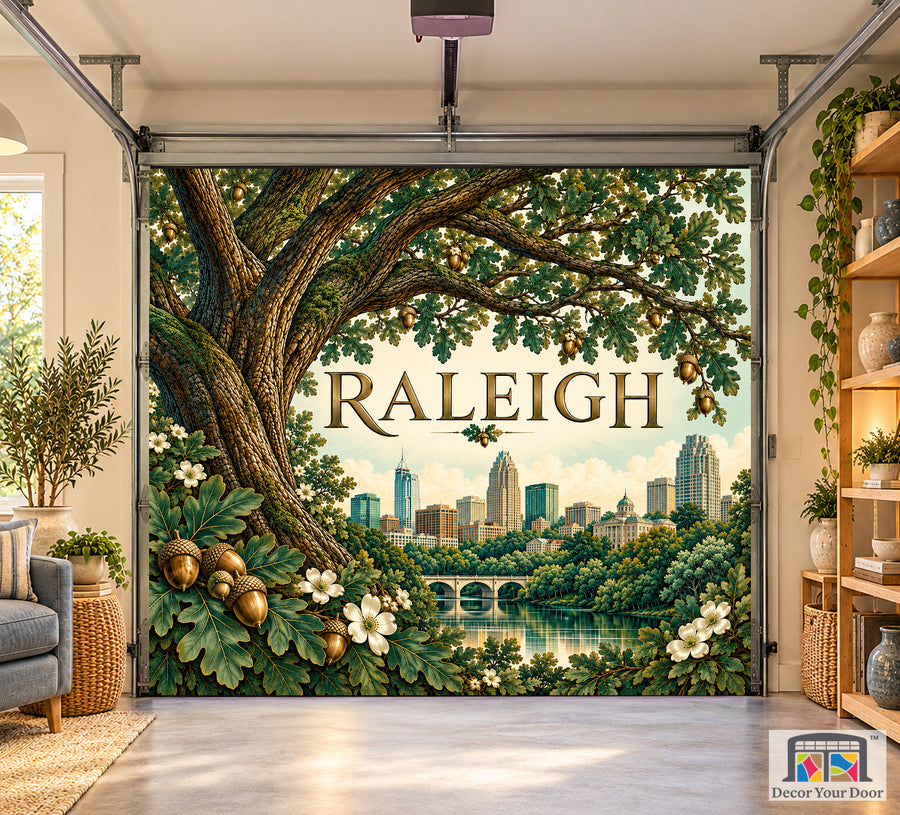 Raleigh Oak City Elegance interior garage door cover, one-car front house mockup