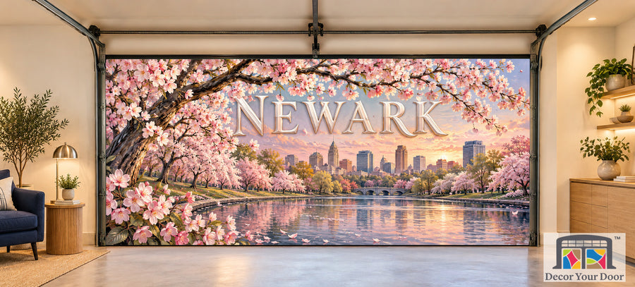 Newark Cherry Blossom Reverie interior garage door cover, two-car front house mockup