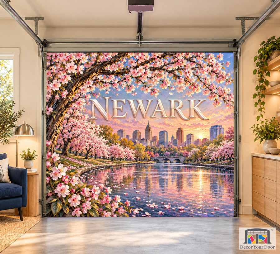 Newark Cherry Blossom Reverie interior garage door cover, one-car front house mockup
