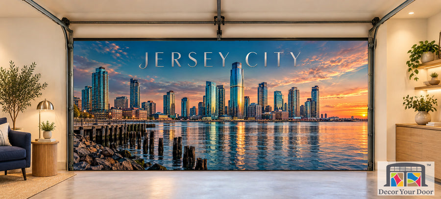 Jersey City Hudson Glass interior garage door cover, two-car front house mockup