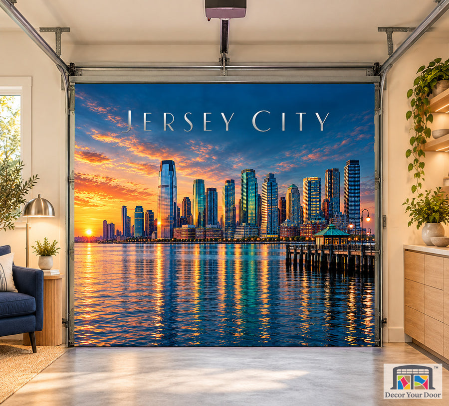 Jersey City Hudson Glass interior garage door cover, one-car front house mockup