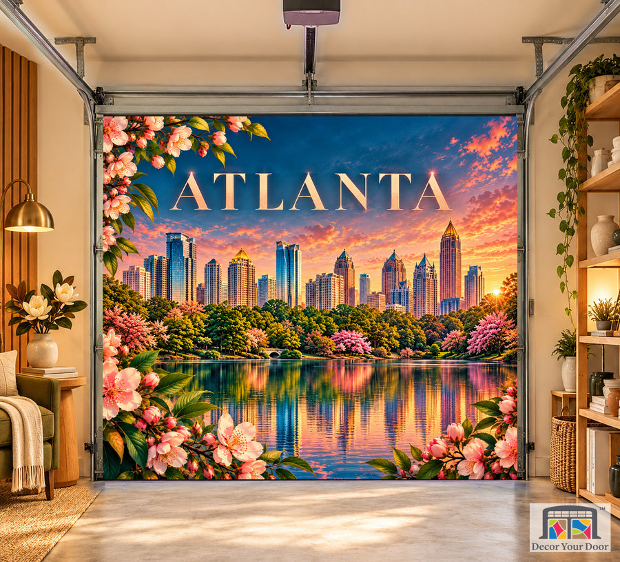 Atlanta Peachtree Radiance interior garage door cover, one-car front house mockup