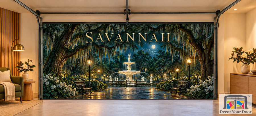 Savannah Midnight Garden interior garage door cover, two-car front house mockup