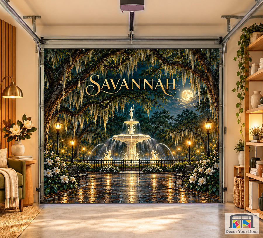 Savannah Midnight Garden interior garage door cover, one-car front house mockup