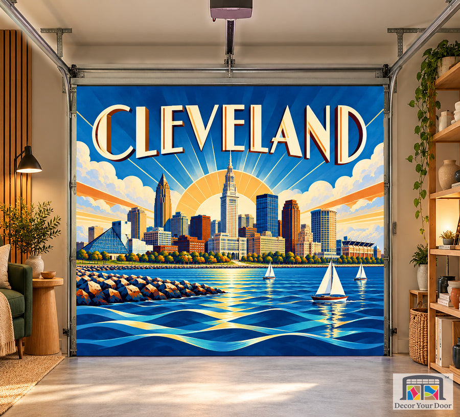 Cleveland Lake Erie Deco interior garage door cover, one-car front house mockup