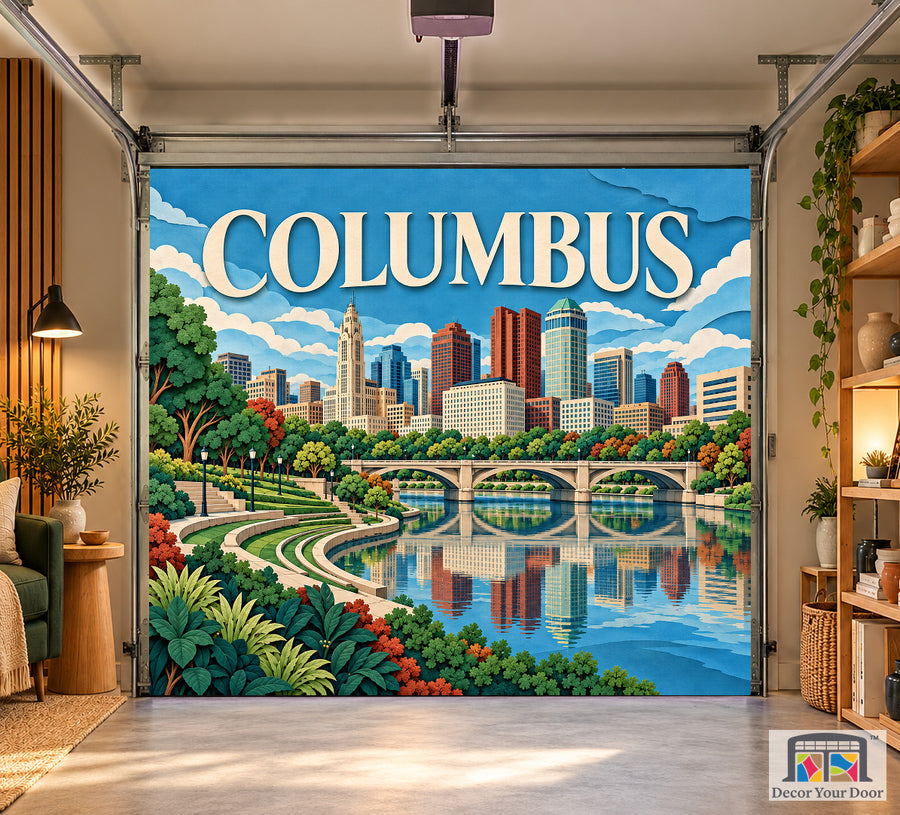 Columbus Scioto Paperworks interior garage door cover, one-car front house mockup