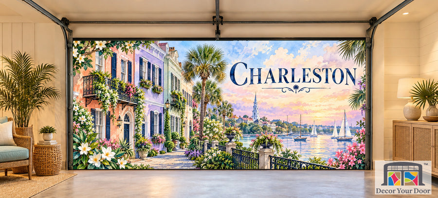 Charleston Rainbow Row Garden interior garage door cover, two-car front house mockup