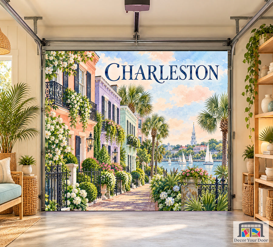 Charleston Rainbow Row Garden interior garage door cover, one-car front house mockup