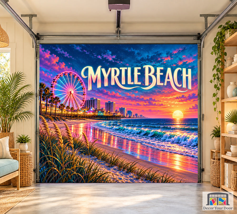 Myrtle Beach Boardwalk Electric interior garage door cover, one-car front house mockup