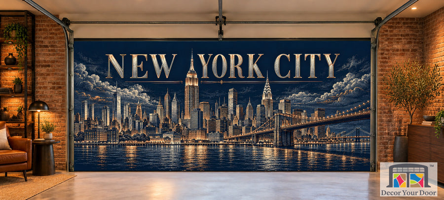 New York City Metropolitan Etching interior garage door cover, two-car front house mockup