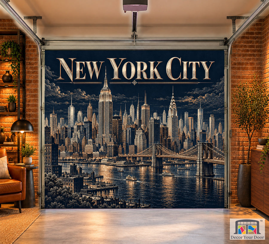 New York City Metropolitan Etching interior garage door cover, one-car front house mockup