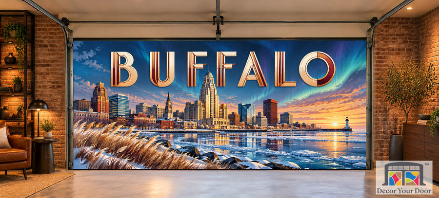 Buffalo Queen City Aurora interior garage door cover, two-car front house mockup