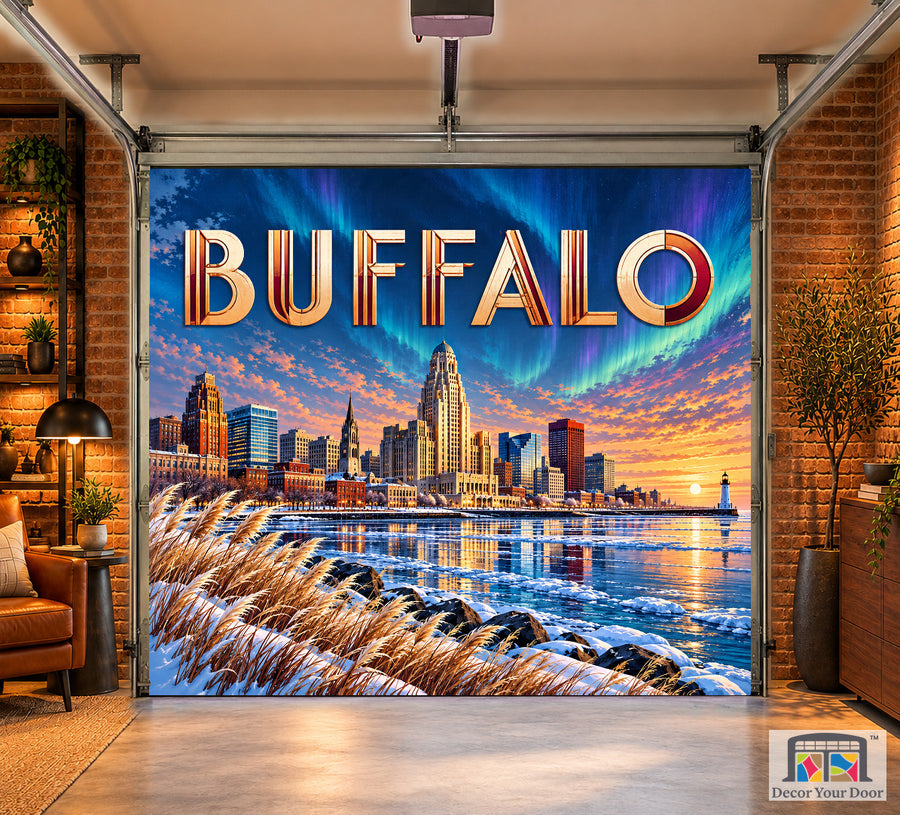 Buffalo Queen City Aurora interior garage door cover, one-car front house mockup