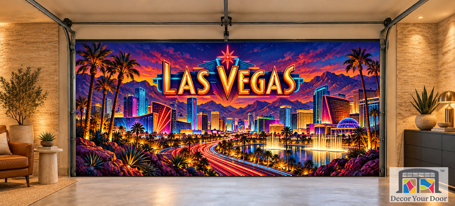 Las Vegas Desert Neon Dream interior garage door cover, two-car front house mockup
