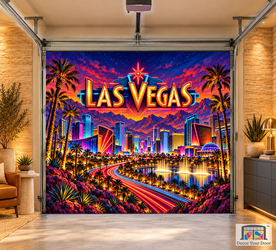 Las Vegas Desert Neon Dream interior garage door cover, one-car front house mockup