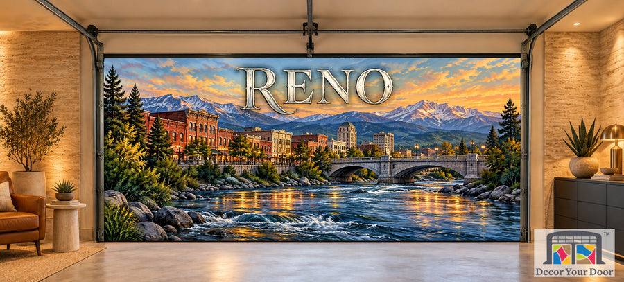 Reno Truckee Silverlight interior garage door cover, two-car front house mockup