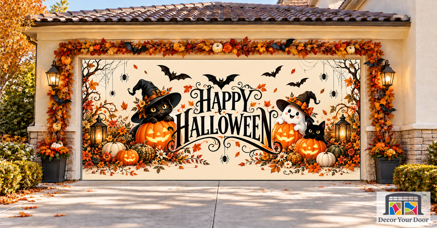 Classic Halloween Lettering Halloween garage door cover – Two Car front view