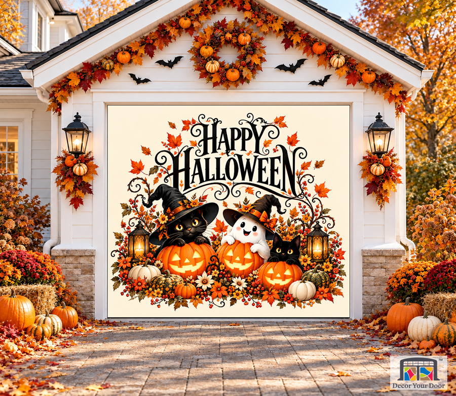 Classic Halloween Lettering Halloween garage door cover – One Car front view