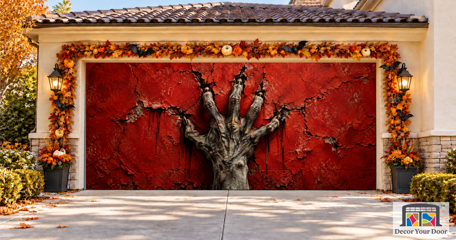 Claw on Crimson Halloween garage door cover – Two Car front view