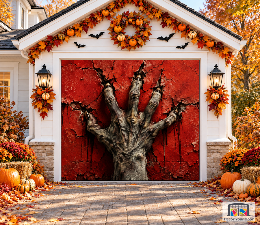 Claw on Crimson Halloween garage door cover – One Car front view
