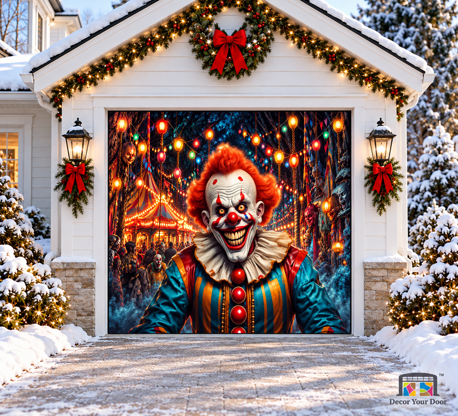 Clown Carnival Frights Halloween Garage Door Cover — one-car front view