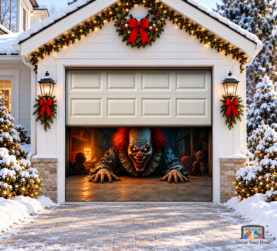 Clown Crawl Halloween Garage Door Cover — one-car front view