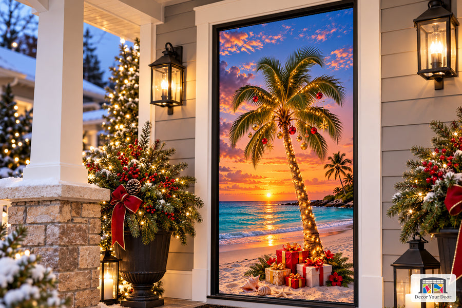 Coastal Christmas Front Door Cover on the approved Christmas porch, angled view.