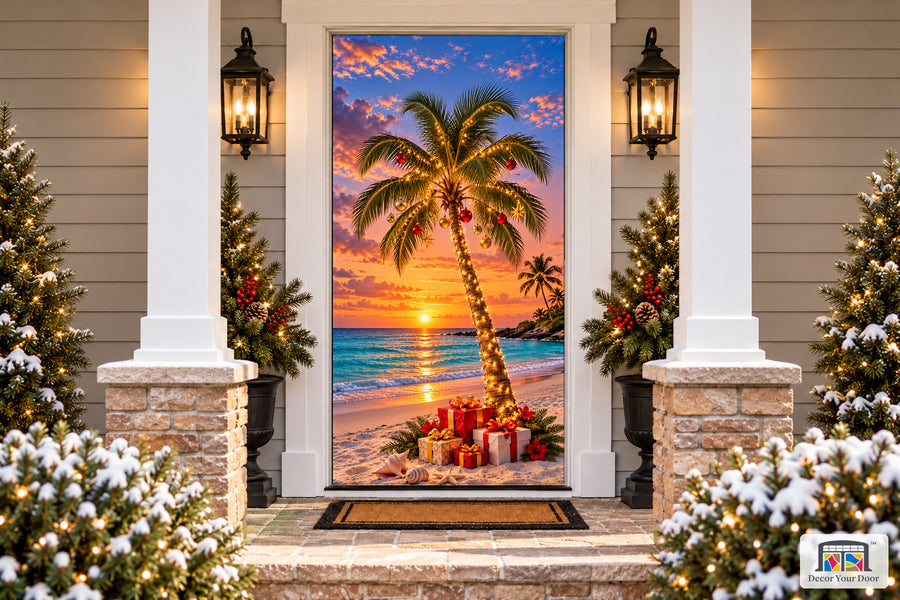 Coastal Christmas Front Door Cover on a snowy Christmas porch, front view.