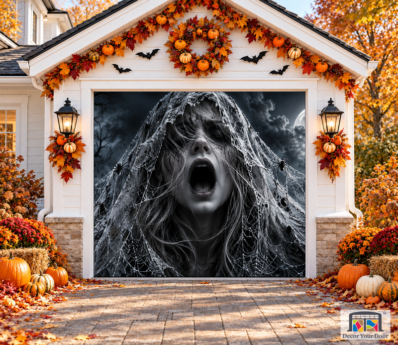 Alternativ visning af Skrig i spindelvævet – Halloween-garageportovertræk