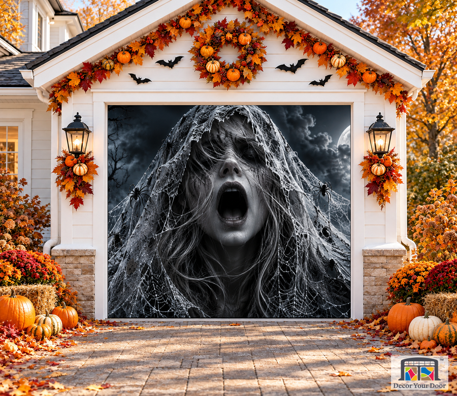 Cobweb Scream Halloween garage door cover – One Car front view