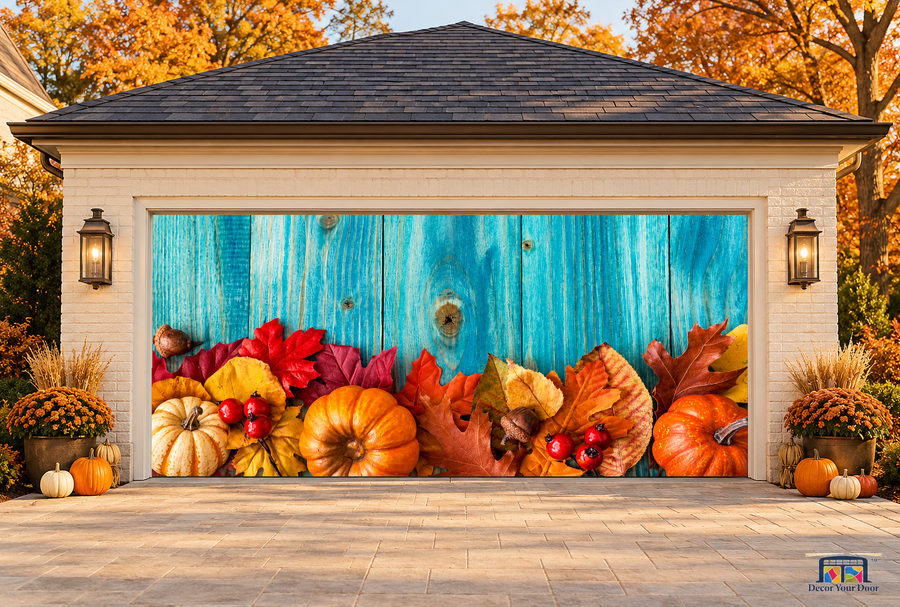 Colorful Leaves & Pumpkins Thanksgiving Garage Door Cover — two-car front view on a fall house