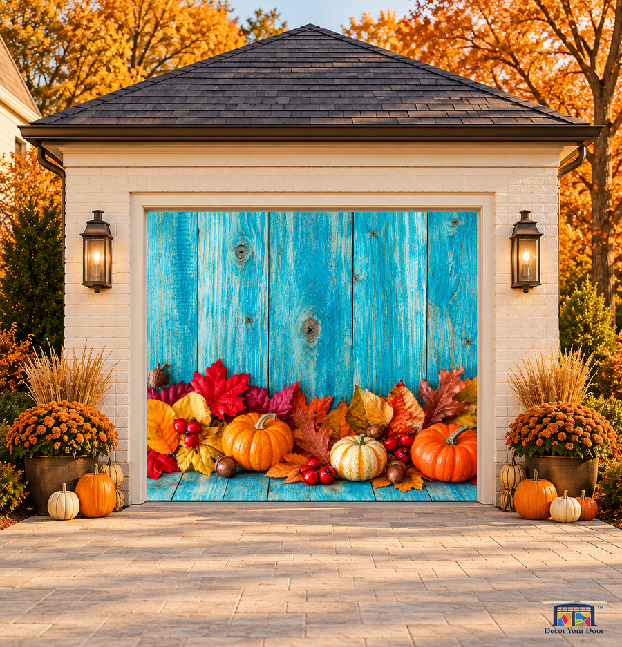 Colorful Leaves & Pumpkins Thanksgiving Garage Door Cover — one-car front view on a fall house