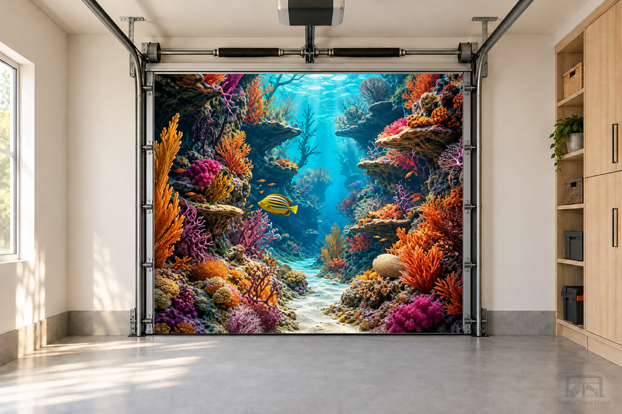 Coral Canyon Passage interior garage door cover — one-car garage front view