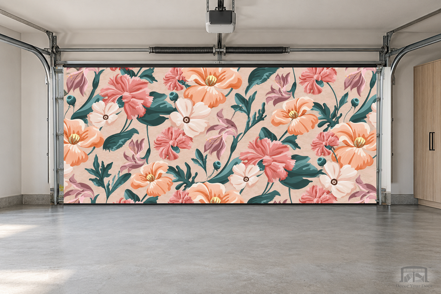 Coral Garden Bloom interior garage door cover — two-car garage front view