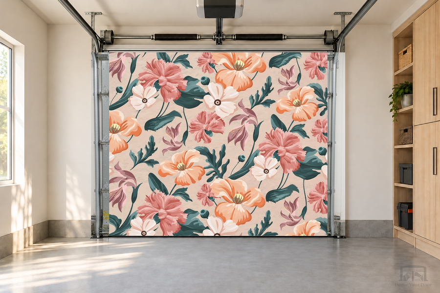 Coral Garden Bloom interior garage door cover — one-car garage front view