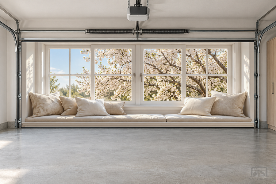 Cozy Window Nook interior garage door cover — two-car front view
