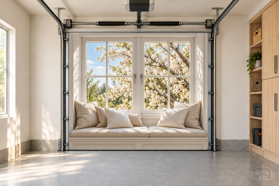 Cozy Window Nook interior garage door cover — one-car front view