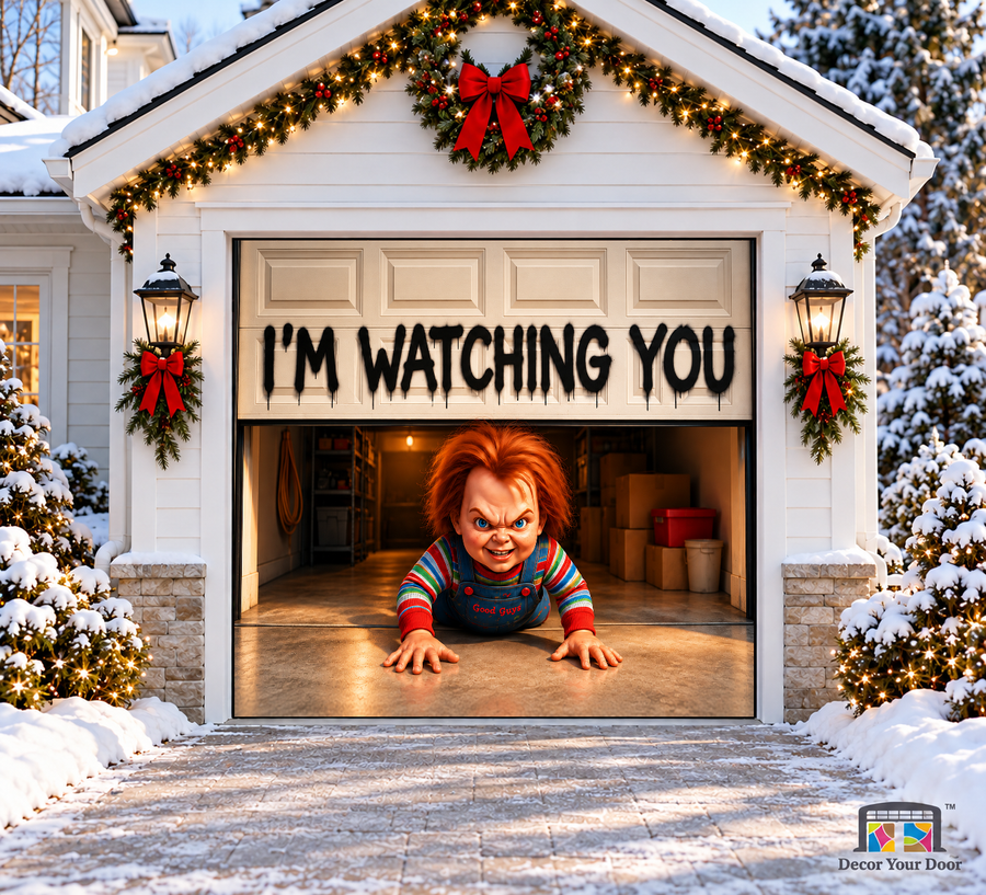 Crawl of Chucky Halloween Garage Door Cover — one-car front view