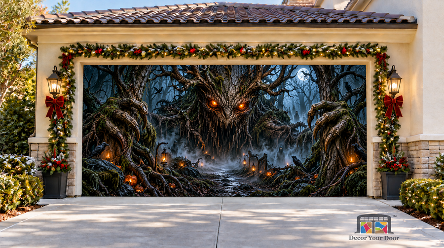 Creature in the Black Forest Halloween Garage Door Cover — two-car front view